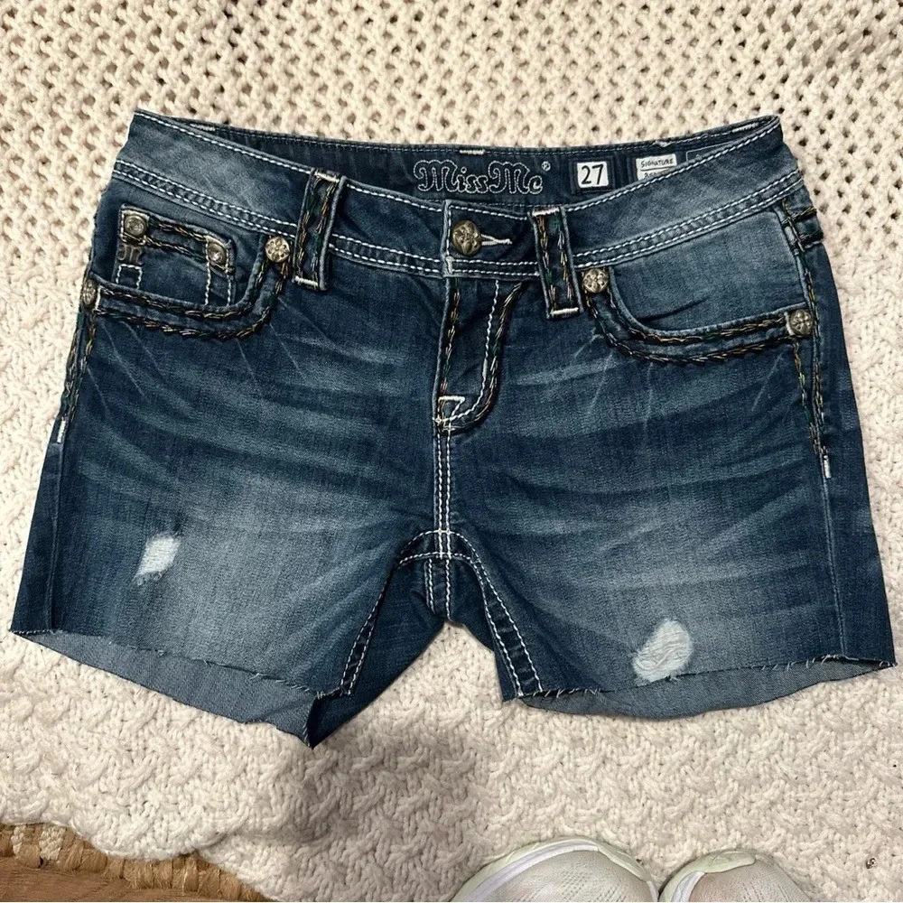Miss Me Women Cut Off Shorts sz 27 Blue Denim Bling Distressed used to be long